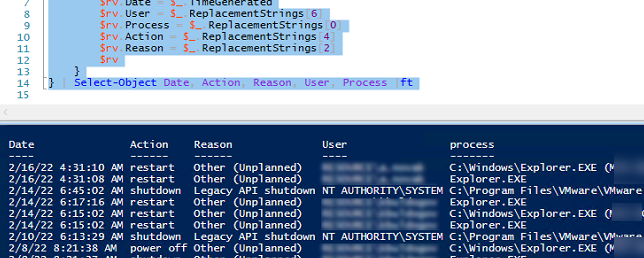check who restarted windows with powershell script