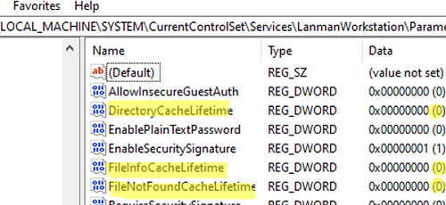 DirectoryCacheLifetime registry parameter can fix slow access to files on shared folders