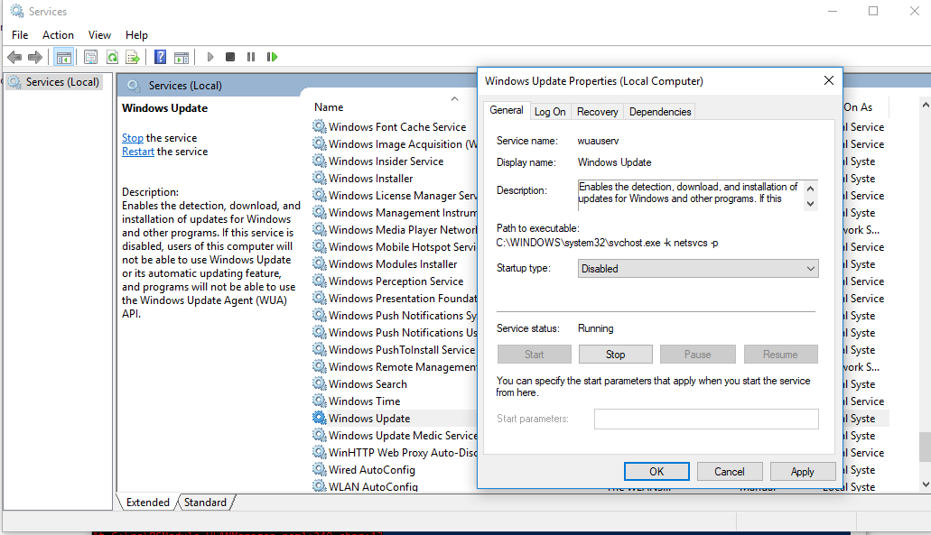 disable windows update service in windows 10