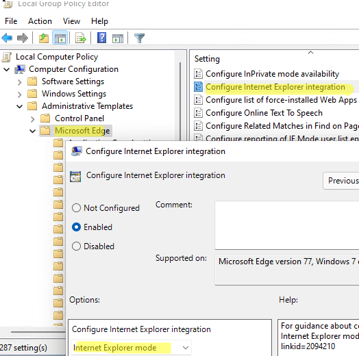 Enable IE Mode in Edge with GPO option Configure Internet Explorer Integrations 