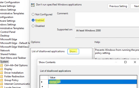 gpo - block msedge.exe from running on windows