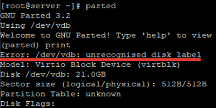 parted unrecognized disk label