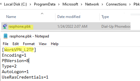 rasphone.pbk file contains vpn connection settings