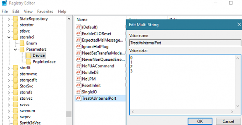 set TreatAsInternalPort registry parameter on windows 10 