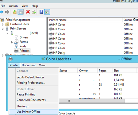 Use Printer Offline option on windows print server