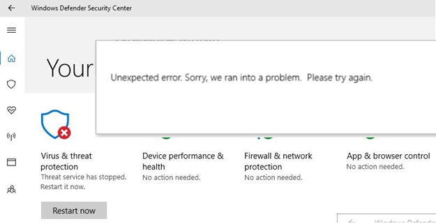 windows defender - Threat Service has stopped. Restart it now