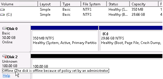 Windows Server 2016 Offline disk because of policy set by an administrator 