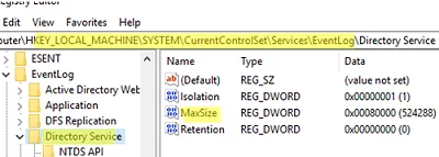 Change the Event Viewer max file size via registry