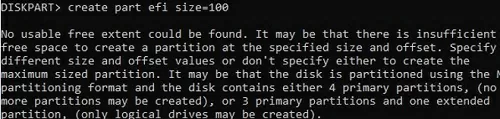 diskpart:No usable free extent could be found