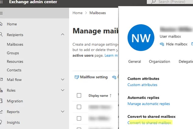 Exchange Admin Center (Microsoft 365) - convert to shared mailbox