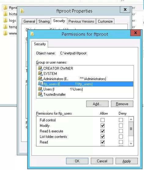 ftproot ntfs permissions