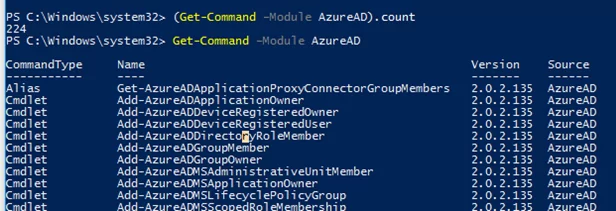 list cmdlets in the AzureAD module