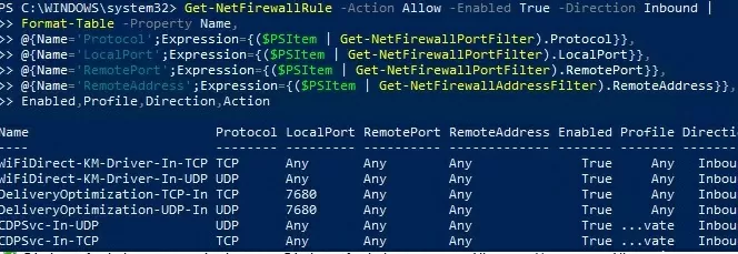 list defender firewall inbound rules using powershell