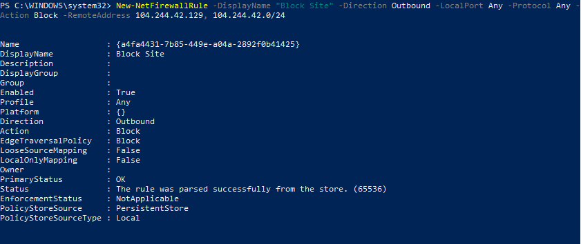 New-NetFirewallRule: create block rule