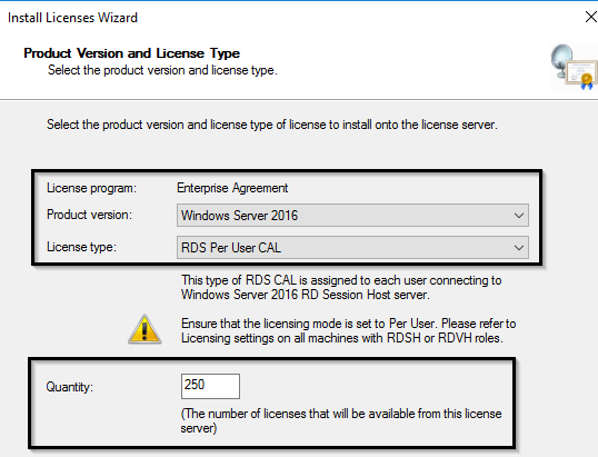 select license type and number of RDS CALs