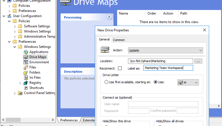 set network drive properties, drive letter, unc path