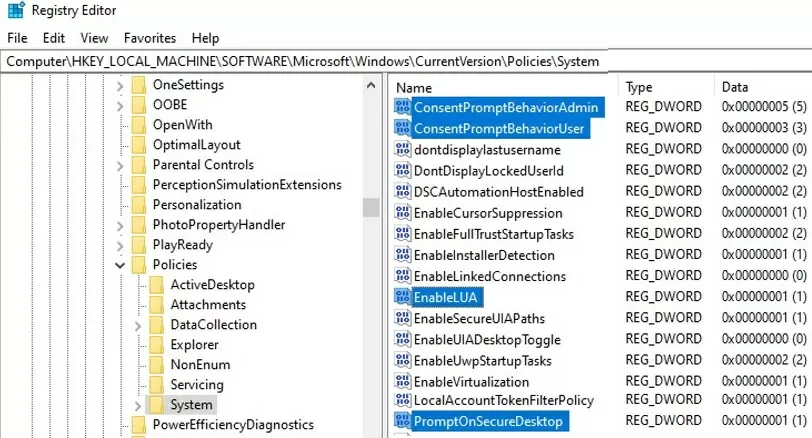 uac registry settings