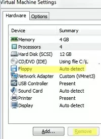 vmware workstation: remove virtula floppy device