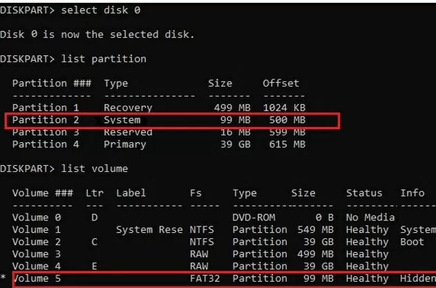 window efi partition table structure