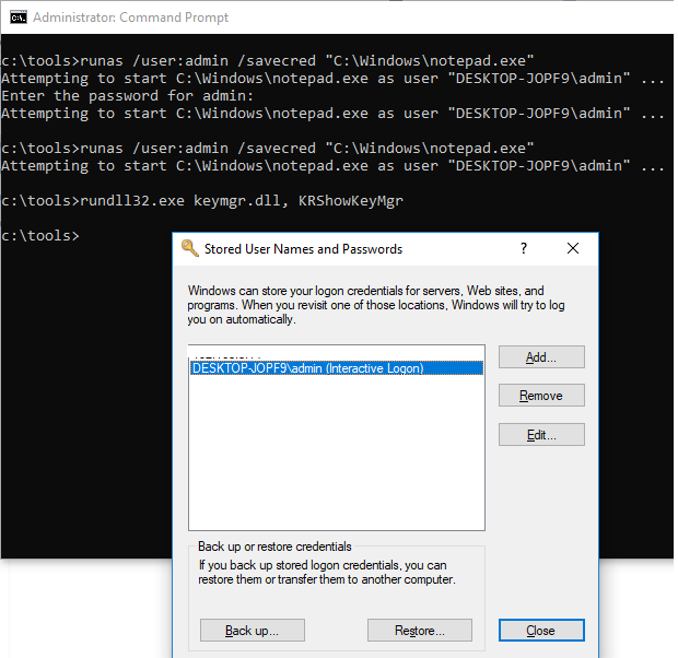 windows runas with savecred option